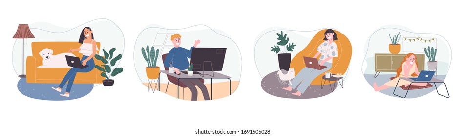 Flat style vector illustration of cartoon character working from home. Freelancer people working online, meeting conference at home. Social-distance during corona virus quarantine, New normal.