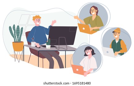 Flat style vector illustration of cartoon character working from home. Concept of people working online, meeting conference at home. Social-distance during corona virus quarantine. New normal