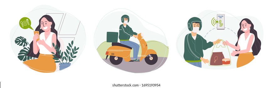 Ilustración vectorial plana de caricatura de mujer de pelo largo pide comida en línea por teléfono móvil. Concepto de servicio de entrega de alimentos. Un repartidor conduce una moto moto moto para entregar comida.