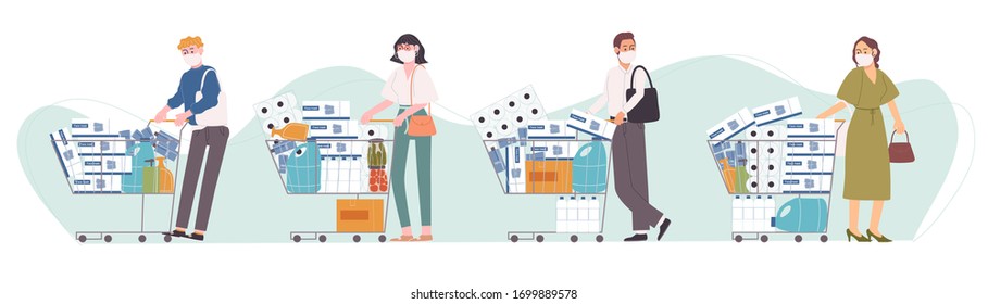 Flat style vector illustration of cartoon character people in face mask are panic shopping. Supplies, alcohol gel, face mask, cleaning liquid, tissue paper store up. Corona virus affection.