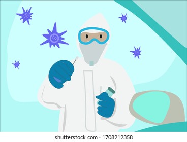 
Flat Style Vector Illustration Of Cartoon Character Doctor Take A Sample On Thru Drive  Covid-19 Check Point  For Testing During Covid-19 Virus Situation