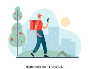 Flat style vector illustration of cartoon male in red uniform carrying box backpack and using mobile phone of delivery service while delivering order to clients in city