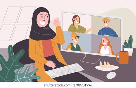 Flat style vector illustration of cartoon muslim woman character waring hijab and working from home. Working online, meeting conference at home. Social-distance during corona virus quarantine.