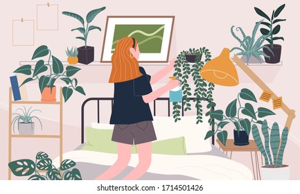 Flat style vector illustration of cartoon woman character taking care of house plant in bedroom. Daily life activity during quarantine. Concept of hobby ideas that can do at home. 