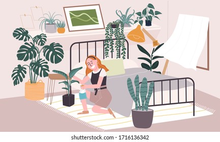 Flat style vector illustration of cartoon woman character taking care of house plant in bedroom. Daily life activity during quarantine. Concept of hobby ideas that can do at home. 