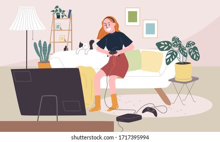 Flat style vector illustration of cartoon woman character playing game in living room. Daily life activity during quarantine. Concept of hobby ideas that can do at home. 