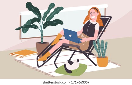 Flat style vector illustration of cartoon woman character chilling on chair with laptop and earphone in living room. Daily life activity during quarantine. Concept of hobby ideas that can do at home. 