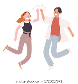 Flat style vector illustration of cartoon character people jumping and giving high five isolated on white background. Friend or colleague greeting.