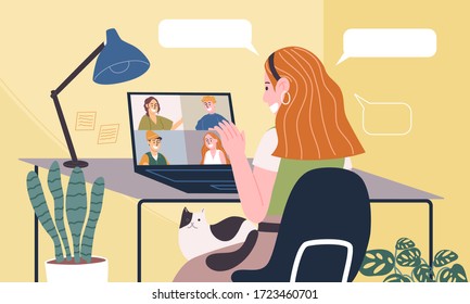 Flat style vector illustration of cartoon woman character working from home. Concept of working online, meeting conference at home. Social-distance during corona virus quarantine. New normal.