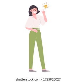 Flat style vector illustration of cartoon woman character got an idea with lightbulb isolated on white background. 