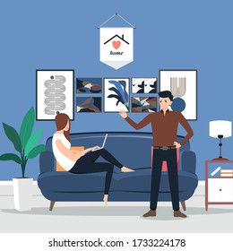 Flat style vector illustration of cartoon character couples working at home or anywhere. Couples are dating at home or anywhere.