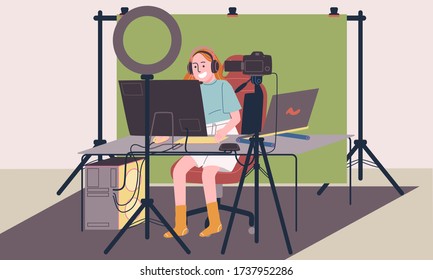 Flat Style Vector Illustration Of Cartoon Woman Character Live Streaming In Home Studio With Professional Gaming Equipments, Green Screen, Dslr Camera, Ring Light, Gaming Computer And Laptop.