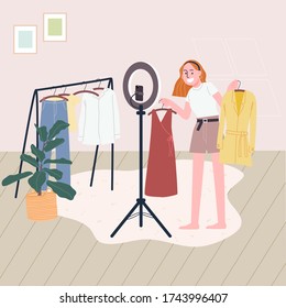 Flat style vector illustration of cartoon woman character selling clothes online while broadcast live video at home. Concept of e-commerce, online selling, live streaming.