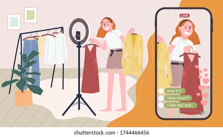 Flat style vector illustration of cartoon woman character selling clothes online.  Girl broadcasting live video at home with giant smartphone. Concept of e-commerce, online selling, live streaming.