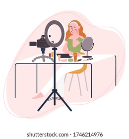 Ilustración vectorial de estilo plano de la caricatura de la mujer grabando video mientras se maquillan. Concepto de transmisión de video, maquillaje tutorial, transmisión en vivo, blogger de belleza, vlog.