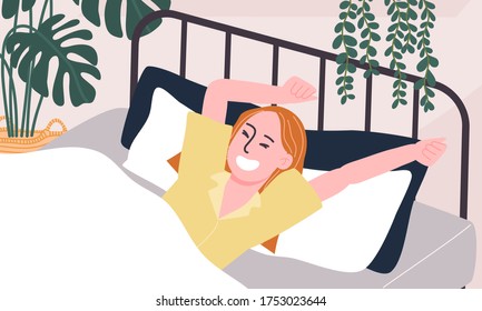 Flat style vector illustration of cartoon woman character waking up happily in bed waring yellow pajamas. Stretching in the morning. Good morning.