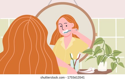 Flat Style Vector Illustration Of Cartoon Woman Character In Yellow Pajamas Standing In Front Of Mirror And Brushing Teeth In Bathroom. Morning And Night Routine. Mouth, Oral, Dental Caring At Home.