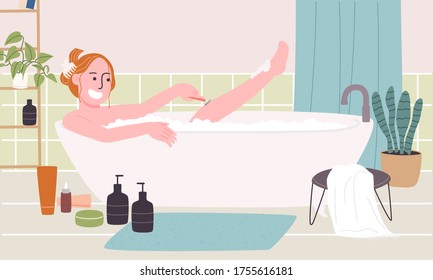 Flat style vector illustration of cartoon woman character take a bath in bathtub and shaving her legs in bathroom. Morning and night routine. Self caring ,cleaning, beauty at home.