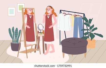 Flat style vector illustration of cartoon woman character try on outfit in front of the mirror and clothesline. Get dressed, Morning routine at home.