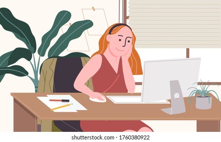 Flache Vektorgrafik von Cartoon jungen weiblichen Figur, die am Computer in gemütlichem Büro arbeitet. Geschäftsfrau.