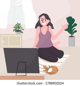 Flat style vector illustration of cartoon character learning online from home or any where. Woman studying online class at home. Student study at computer in room. concept of online learning at home.