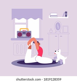 Flat style vector illustration of cartoon fit flexible woman doing stretching exercise while practicing pilates or yoga at home with cute dog