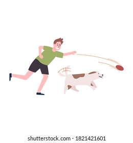 Flat style vector illustration of cartoon character boy trowing ball, Play fetch with the dog, Dog chasing ball isolated on white background. Concept of pet caring. Running with dog. Outdoor activity.