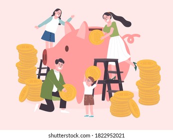 Flat style vector illustration of cartoon character father, mother, daughter and son with giant piggy bank and big coin. Concept of family money saving.