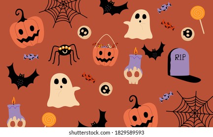 Flat style vector illustration of cartoon spooky halloween stuff pattern. Ghost, candies, cookies, lollipops, spider, spider web, jack-o’-lantern, Bat, candle, skull, grave stone on orange background.