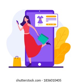Ilustración vectorial de estilo plano de una clienta contemporánea que usa una aplicación para comprar ropa en línea en una tienda de Internet