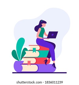 Flat style vector illustration of cartoon female student character sitting on stack of books and using laptop while studying online