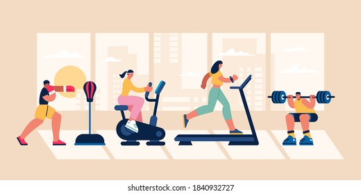 Flat style vector illustration of cartoon male and female characters of active people doing various exercises on sports equipment in modern gym