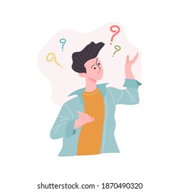 Ilustración vectorial de estilo plano del caricaturista hombre con expresión confusa y símbolo de interrogación aislado en fondo blanco.