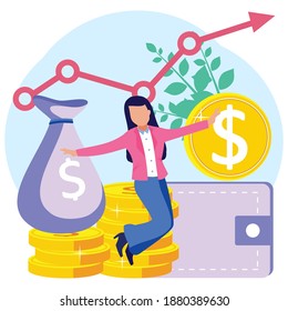 Flat style Vector Illustration. Cartoon Personal Finance Target Metaphors. Office Entrepreneur Standing holds up a pouch filled with Gold Dollar Showing Coins. Wallet with money bag. Loan Offer.