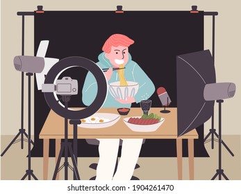 Ilustración vectorial de estilo plano del creador de video de dibujos animados comiendo mucha comida y grabando video en estudio de casa. Mukbung haciendo ASMR por el sonido de la comida.