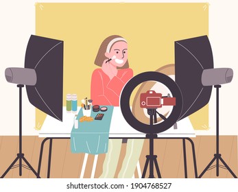 Flat style vector illustration of cartoon video creator putting on make up and recording video in home studio. Beauty blogger making make up tutorial video.