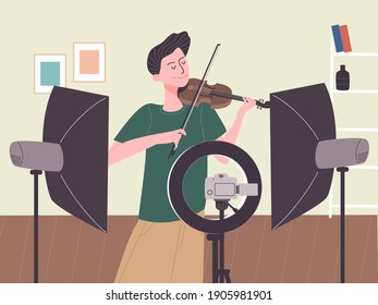 Ilustración vectorial de estilo plano del creador de vídeo de dibujos animados que reproduce violín y graba vídeo en estudio doméstico. Creador de video haciendo música mientras se transmite en vivo.