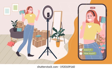 Flat style vector illustration of cartoon woman character selling product online.  Girl broadcasting live video at home with giant smartphone. Concept of e-commerce, online selling, live streaming.