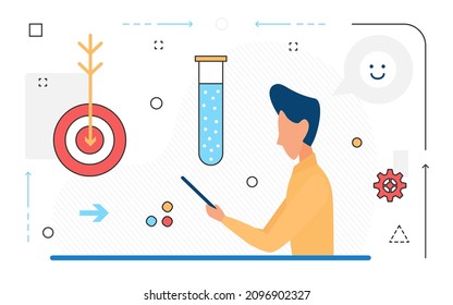 Flat style vector illustration of cartoon male researcher character with electronic gadget depicted with test tube and target searching for solution of problem