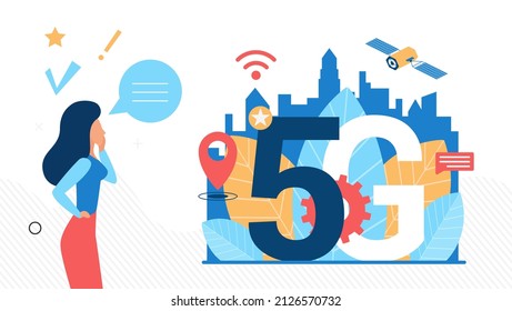 Ilustración vectorial de estilo plano del personaje femenino de dibujos animados que tiene conversación telefónica usando tecnología moderna de alta velocidad 5G