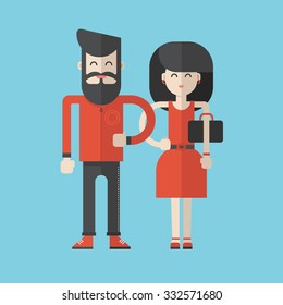 Flat Style Vector Illustration. Cartoon Characters Man and Woman Standing Together in Red Clothes on Blue Background