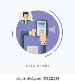 Flat Style Vector Illustration. Cell Phone Concept. Human Hands with Mobile Phone