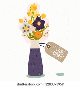 Flat style vector illustration of ceramic vase with bouquet of spring flowers and gift tag with handwritten With Love phrase. Wedding invitation, Valentine or birthday greeting card, poster design.