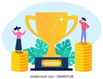 Flat style vector illustration Champion as a successful business leader with team pride winner concept. Professional leadership achievements and best company trophies.