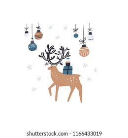 Flat style vector illustration of Christmas concept. Deer and balls around him