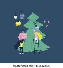 Flat style vector illustration of Christmas concept. Female hanging balls on Christmas tree.