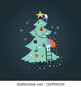 Flat style vector illustration of Christmas concept. Girl decorating Christmas tree.