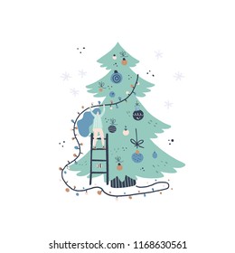 Flat style vector illustration of Christmas concept. Girl and Christmas tree. Xmas or new year card design.