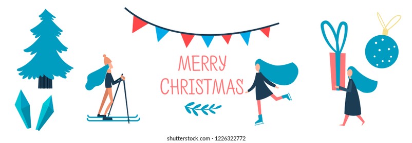 Flat style vector illustration of Christmas concept. Horizontal illustration of people preparing for New Year celebration