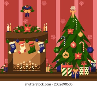 Flat style vector illustration with Christmas tree and fireplace. Decorated with socks, presents, candles, balls, and florist decorations. Greeting card template for season's greetings